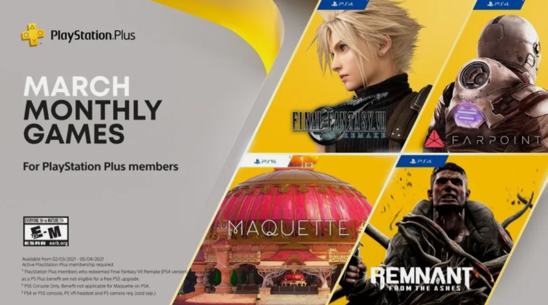 The March lineup of free games for PlayStation Plus subscribers include Remnant and Final Fantasy 7 Remake