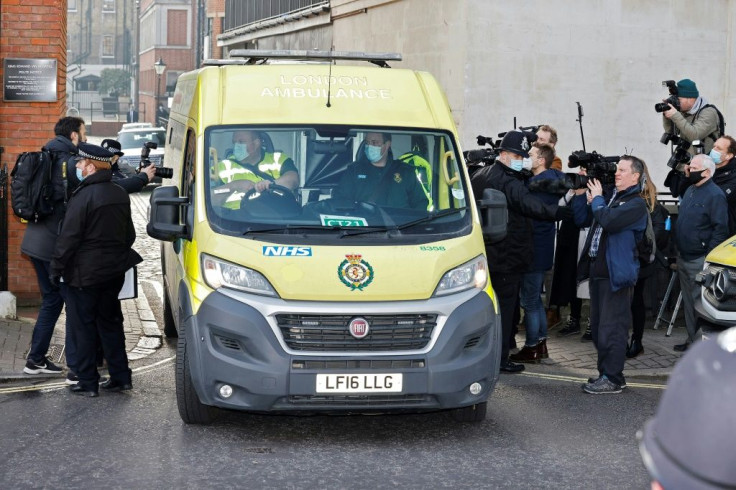 An ambulance leaves from the rear entrance of King Edward VII's Hospital in central London, where Britain's Prince Philip, Duke of Edinburgh had been staying after being admitted on February 16