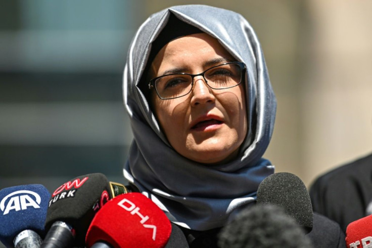 Hatice Cengiz, the fiancee of slain journalist Jamal Khashoggi, speaks to the press in 2020