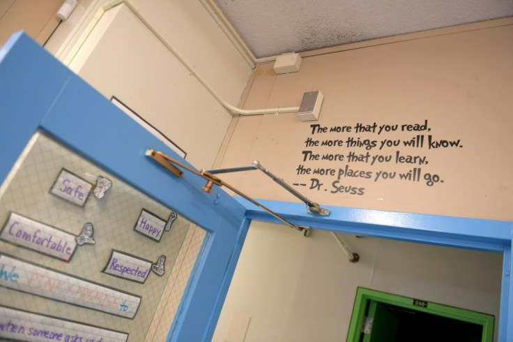 A Dr. Seuss quote is seen painted above a classroom door at Yung Wing School P.S. 124 on August 25, 2020 in New York City
