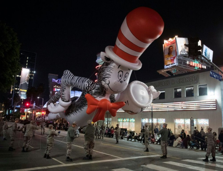 A Dr. Seuss balloon character floats down Sunset Blvd during the 88th annual Hollywood Christmas Parade in Hollywood, California on December 1, 2019