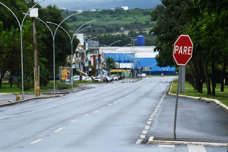 An empty street in a commercial area of Brasilia, the Brazilian capital, during a Covid lockdown