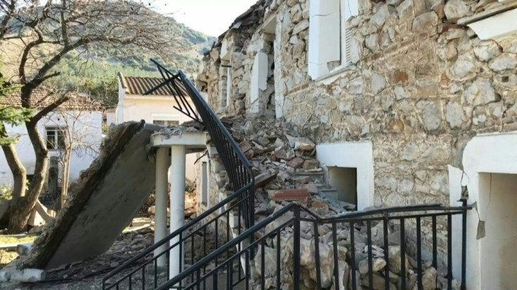 Images show the aftermath of a 6.3-magnitude earthquake in central Greece, with several building severely damaged and people gathered on a football field in Damasi.