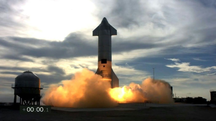 The Starship SN10 prototype is seen during an attmpted test flight near Boca Chica, Texas on March 3, 2021