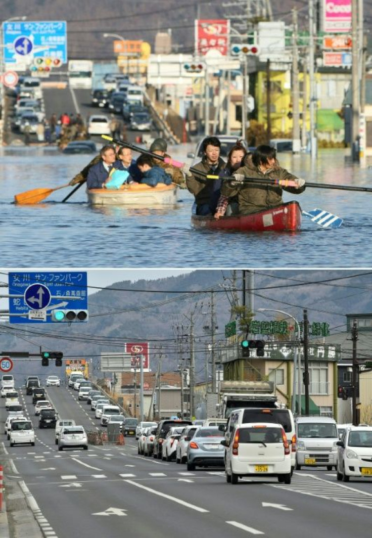 People (top) evacuating by boat down a road flooded by the tsunami waves in the city of Ishinomaki on March 12, 2011, and the same area (bottom) nearly 10 years later