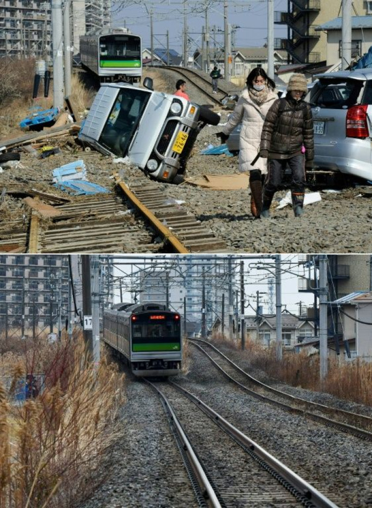 People walking on train tracks littered with cars in Tagajo on March 13, 2011 (top), and the same area nearly 10 years later (bottom)
