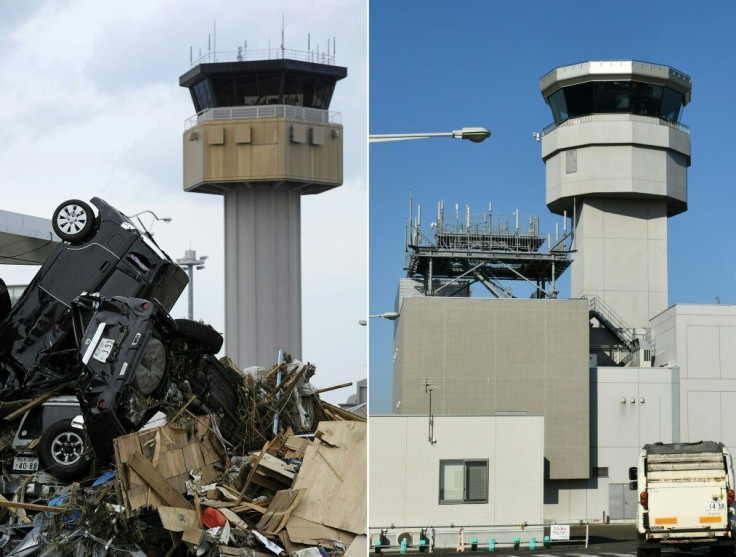 Cars piled up in front of the airport control tower of Sendai Airport on March 14, 2011 (L), and the same area nearly 10 years later (R)