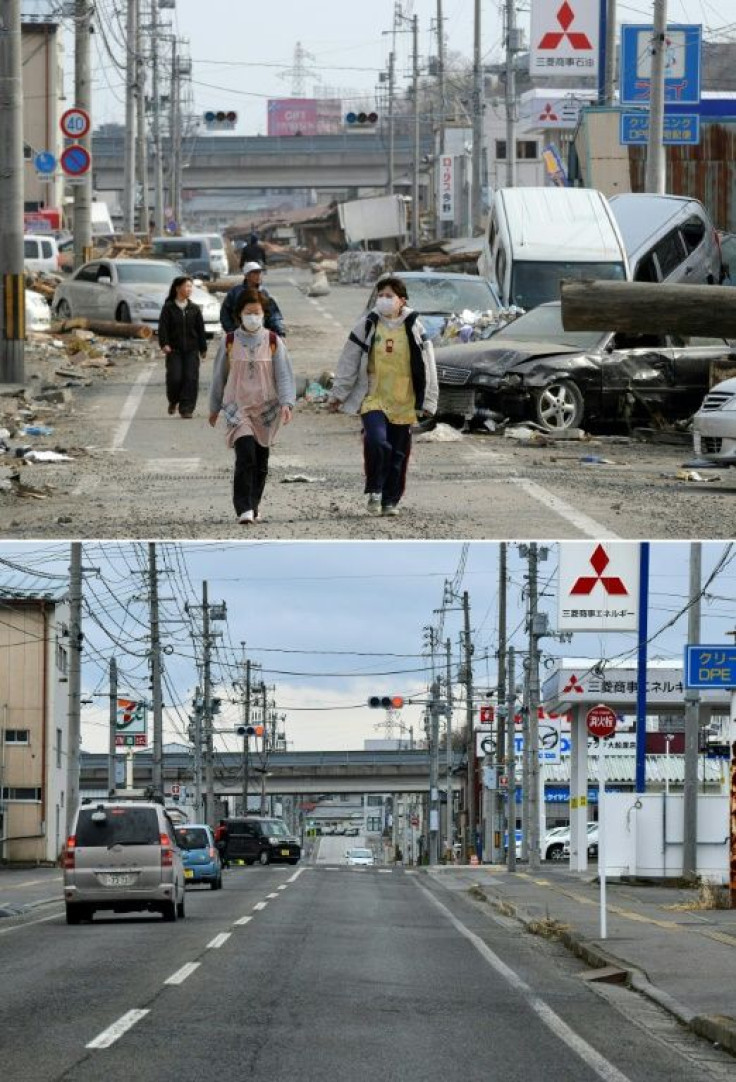 Residents walking along a street littered with cars crushed by the tsunami in the town of Ofunato on March 14, 2011 (top), and the same area nearly 10 years later (bottom)