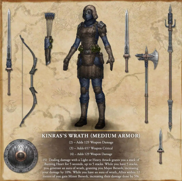 Kinras's Wrath, a new armor set from the Fires of Ambition DLC that focuses on providing party-wide damage buffs