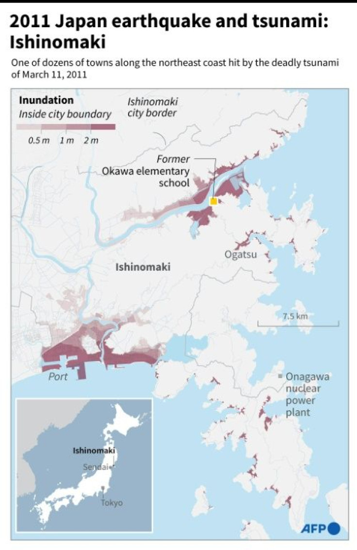 Map showing the flood extent in Ishonomaki, Japan, one of the dozens of towns hit by the deadly tsunami on March 11, 2011