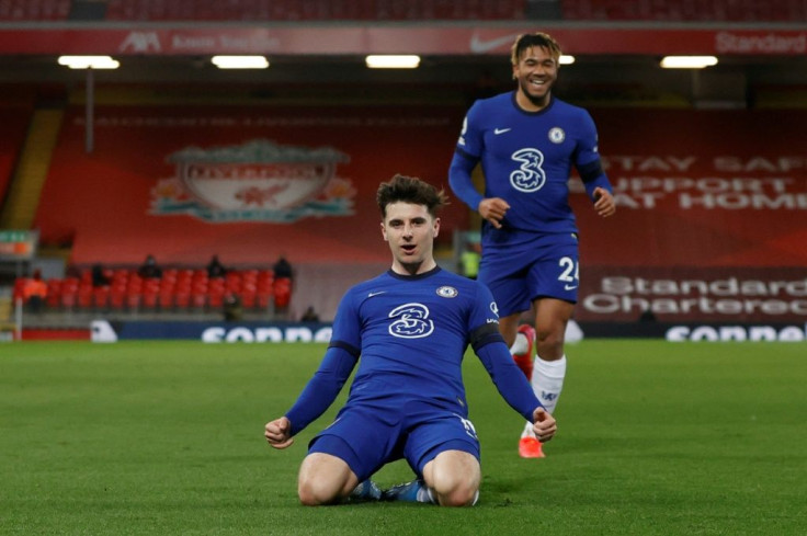 Chelsea midfielder Mason Mount celebrates at Liverpool