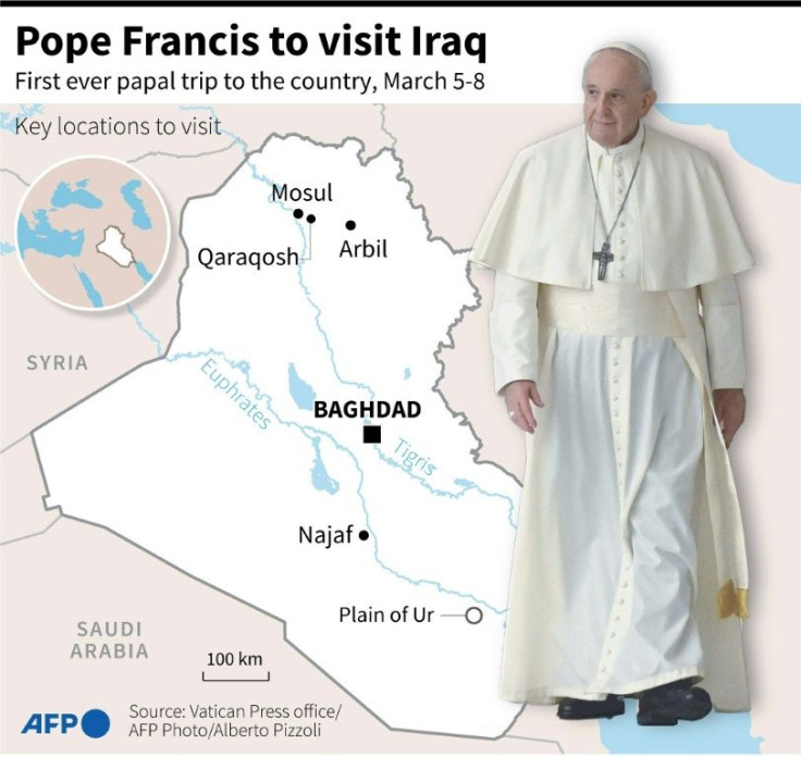Map showing the key locations in Iraq that Pope Francis is planning to visit on March 5-8, the first ever papal tour to the country.