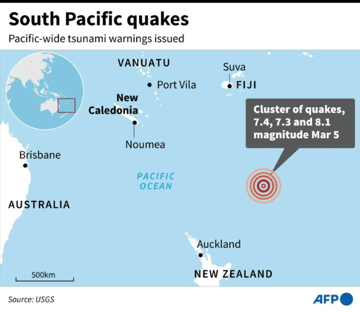 Map locating cluster of quakes in South Pacific on Friday