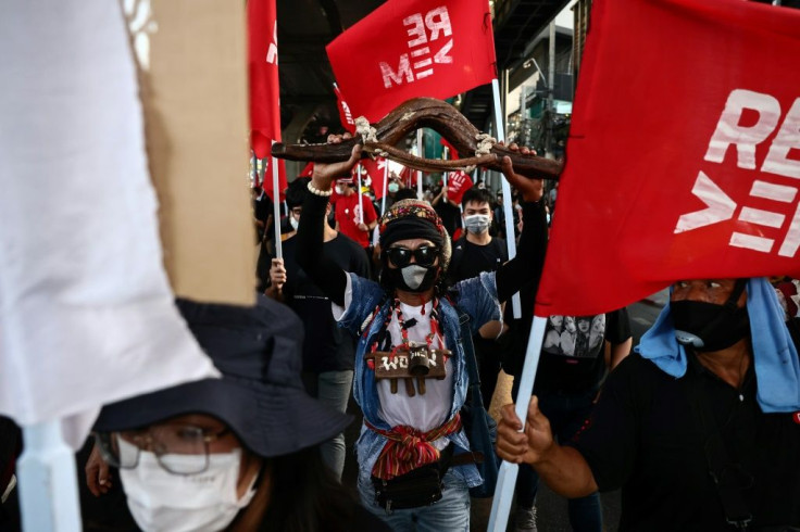 Protesters called for the release of pro-democracy leaders and end to Thailand's draconian royal defamation law in Bangkok on Saturday