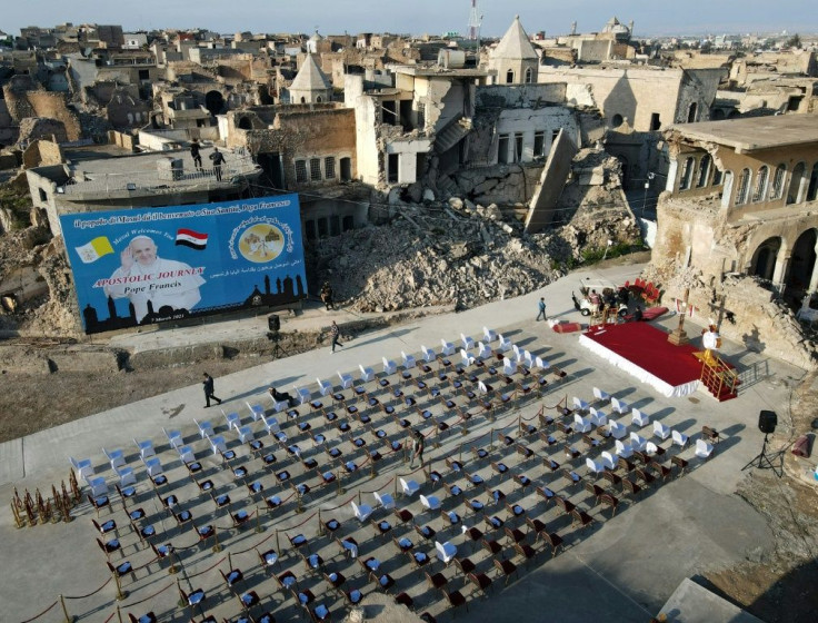 Rows of seats were set out in the ruins of the Syriac Catholic Church of the Immaculate Conception in Mosul's Old City ahead of Pope Francis' visit