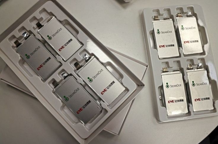 Samples of fast-charging batteries on display at the Israeli start-up StoreDot headquarters