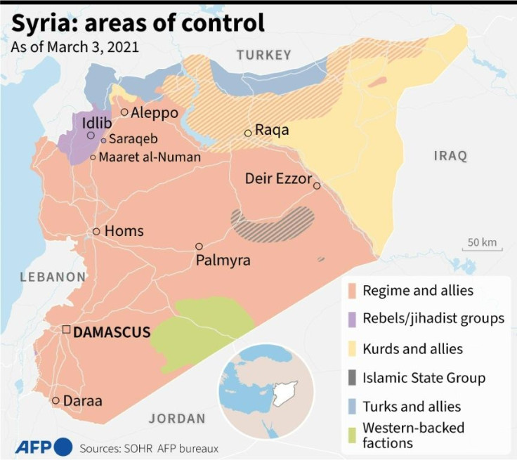 Map showing the forces and their areas of control in Syria, as of March 3, 2021.