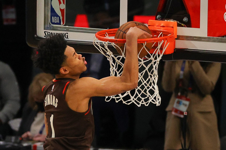 Anfernee Simons of the Portland Trail Blazers competes in the 2021 NBA All-Star - AT&T Slam Dunk Contest 
