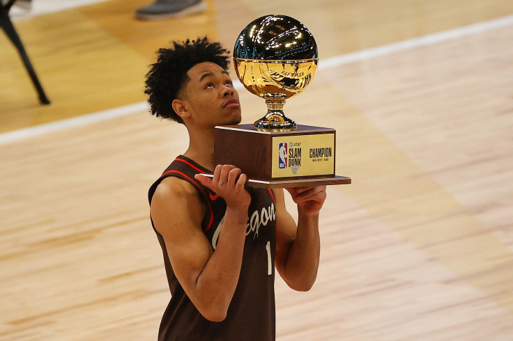  Anfernee Simons of the Portland Trail Blazers celebrates after winning the 2021 NBA All-Star - AT&T Slam Dunk Contest