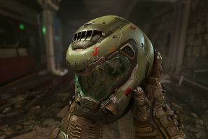 The Doom Slayer's helmet, painted with the Mark of the Beast, as featured in Doom Eternal