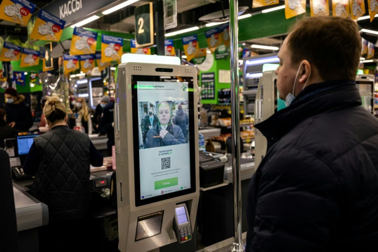 A facial recognition payment system at a self-checkout machine in a Perekrestok supermarket in Moscow