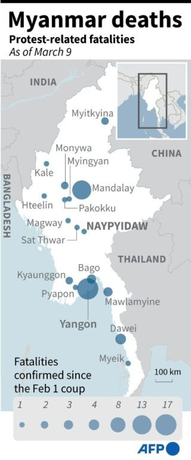 Map of Myanmar showing the cities where protest-related fatalities have been reported since the junta takeover on February 1.