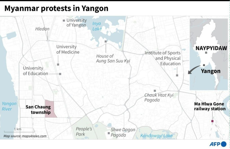 Street map of Yangon showing Ma Hlwa Gone railway station and San Chaung township, the latest flashpoints in the ongoing Myanmar protests.