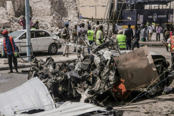 The aftermath of a car bomb blast near a security checkpoint in Mogadishu in February 2021.
