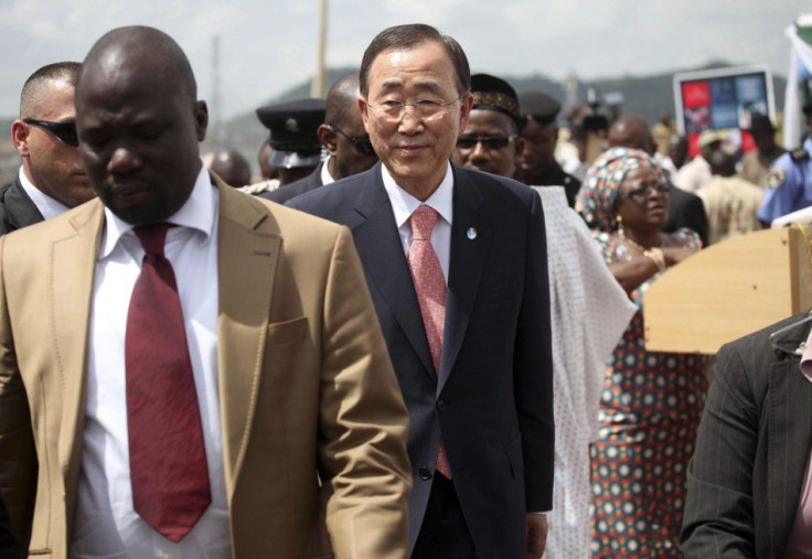 U.N Secretary General Ban Ki-moon arrives for the unveiling of a primary health care clinic in Dutse Makaranta village, outskirt of Nigeria&#039;s capital Abuja