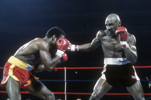 Wilford Scypion and Marvin Hagler fight for the WBA, WBC and IBF Middleweight titles on May 27, 1983 at the Civic Center in Providence, Rhode Island. Hagler won the fight with a 4th round knock out. 