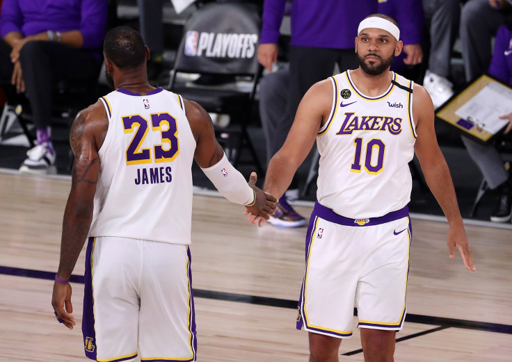  LeBron James #23 of the Los Angeles Lakers high fives Jared Dudley #10 of the Los Angeles Lakers