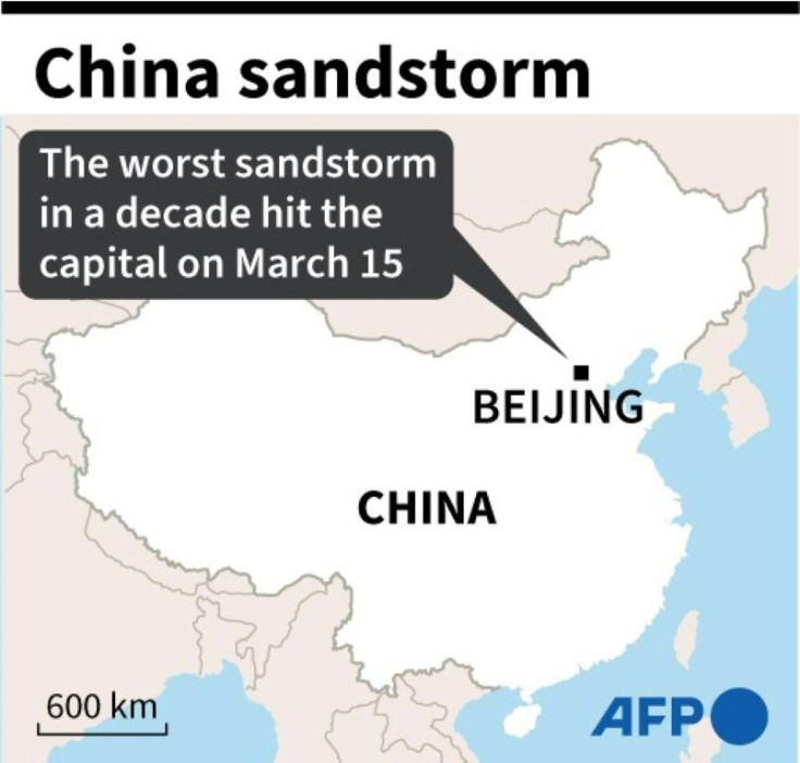 Map of China locating Beijing which on Monday was hit by the worst sandstorm in a decade.