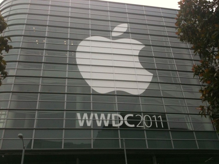 Apple logo is seen on the facade of Moscone Center, San Francisco
