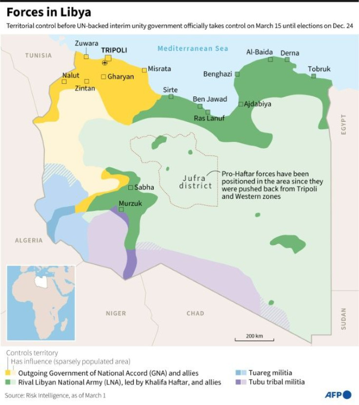 Map showing the areas of control by forces in Libya before a UN-backed interim unity government officially takes control on March 15