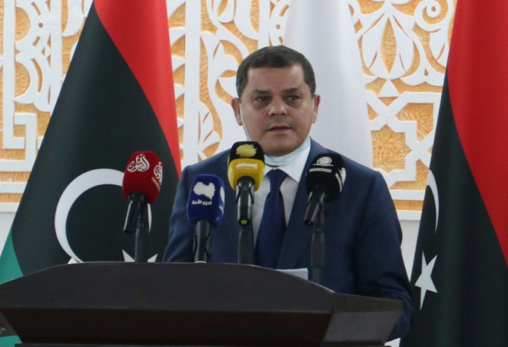 Libya's new interim prime minister Abdul Hamid Dbeibah speaks after being sworn in the eastern Libyan city of Tobruk on March 15, 2021 to lead the war-torn country's transition to elections in December after years of chaos and division
