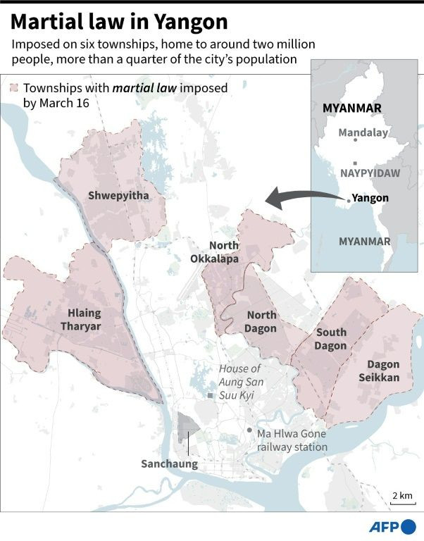 Street map of Yangon showing townships where the junta has imposed martial law as of March 16.