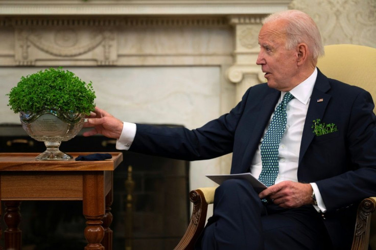 US President Joe Biden looks at a bowl of shamrocks from Ireland