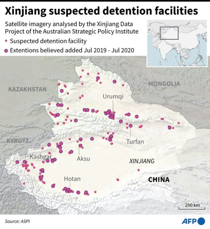 Map of China's north-western Xinjiang province showing suspected detention centres, according to satellite imagery analysed by the Xinjiang Data Project of the Australian Strategic Policy Institute.