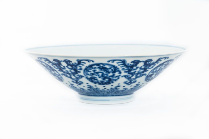 Chinese porcelain bowl decorated in underglaze blue on the exterior with kui dragon medallions 