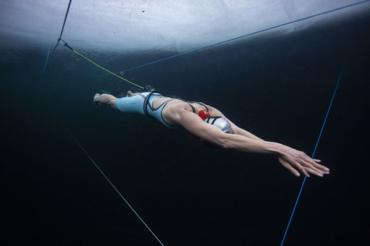 Finnish freediver Johanna Nordblad trains on March 16 ahead of breaking the under-ice freedive record on Thursday