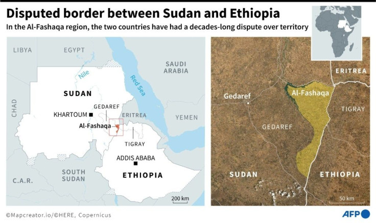Map locating the region of Al-Fashaqa where Sudan and Ethiopia have decades-long dispute over territorial claims