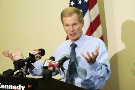 Bill Nelson (D-FL) speaks during a press conference after meeting with NASA officials at the Kennedy Space Center