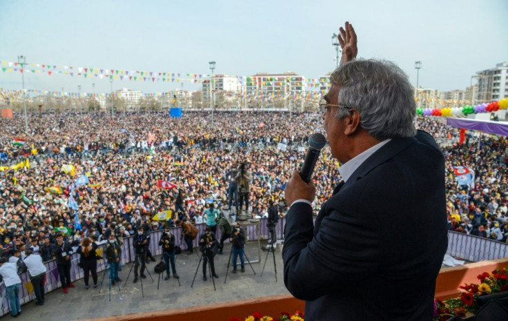 Mithat Sancar, co-chairman of Turkey's pro-Kurdish People's Democratic Party, addresses the crowd in Diyarbakir