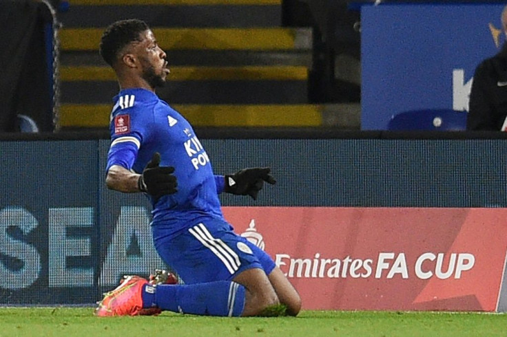 Leicester striker Kelechi Iheanacho celebrates scoring against Manchester United