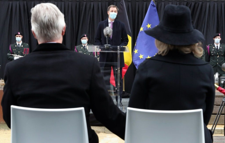 Queen Mathilde of Belgium and King Philippe - Filip of Belgium listen to a speech by Prime Minister Alexander De Croo during a commemorative ceremony to mark the Fifth anniversary of Brussels suicide bombings in 2016, at the memorial erected for the victi