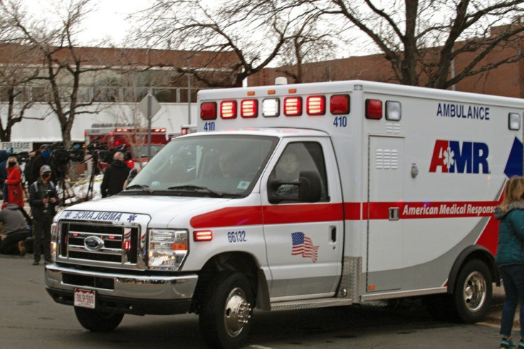 An ambulance leaves the parking lot of the King Soopers grocery store in Boulder, Colorado after reports of an active shooter on March 22, 2021.Police responded to an active shooter at a grocery store in the western US state of Colorado