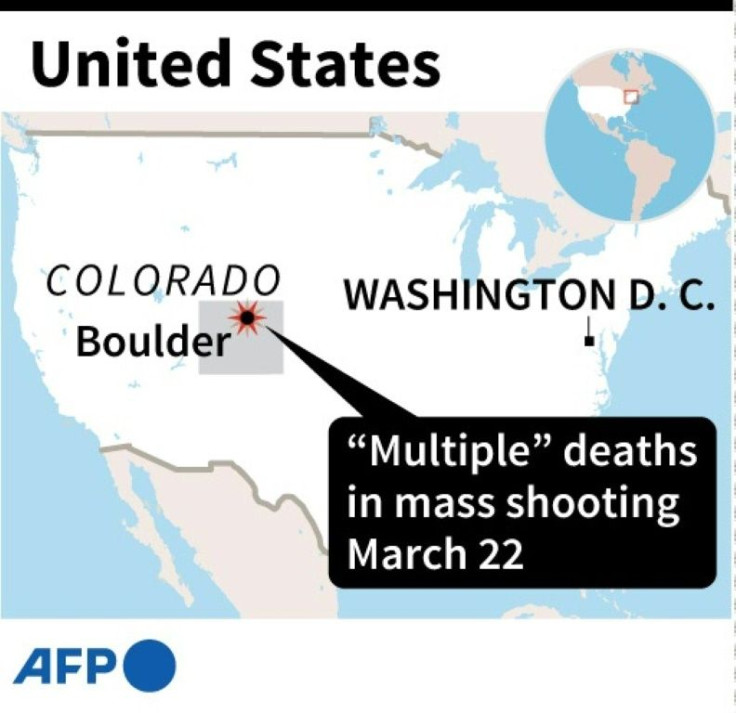 Map of the United States locating a mass shooting in Boulder, Colorado, on Monday.
