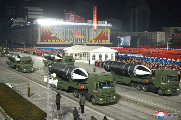 What appear to be submarine-launched ballistic missiles are displayed during a military parade in Pyongyang on January 14, 2021, in a photo released by North Korea's official Korean Central News Agency