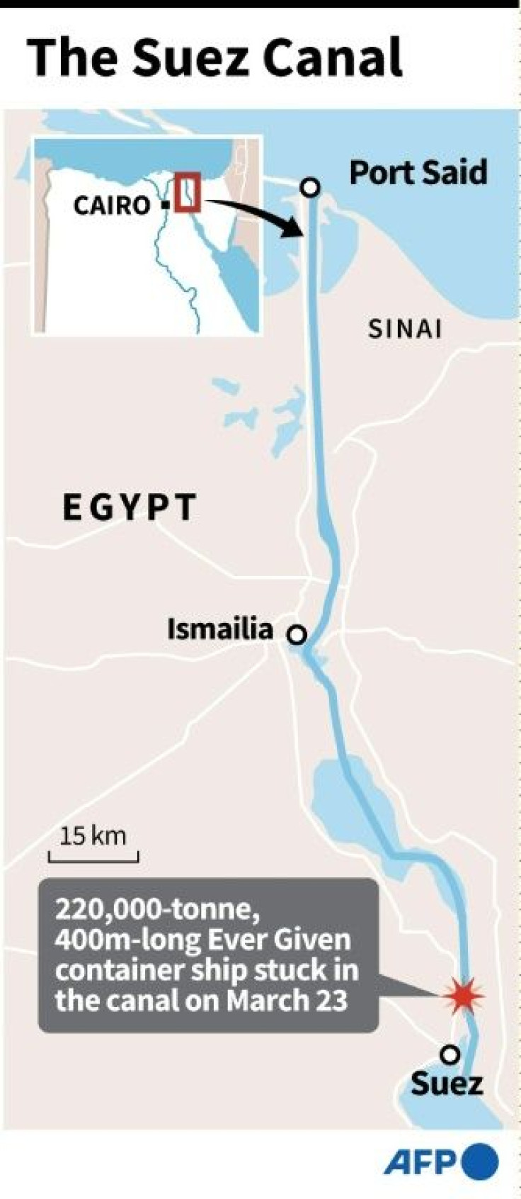 Map of the Suez Canal locating a huge container ship causing a traffic jam of vessels in both directions since Tuesday.