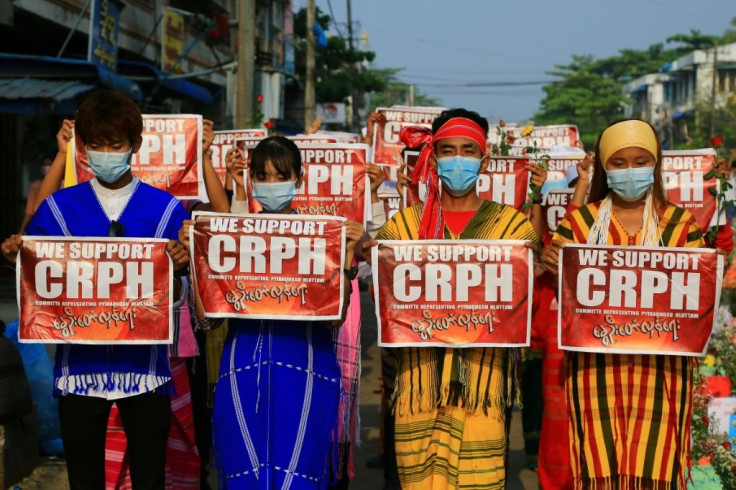 Protesters in Yangon show their support for a group of ousted MPs, the CRPH, working underground against the junta